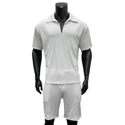 Casual Short Sleeve Zipper Polo Drawstring Men's Set