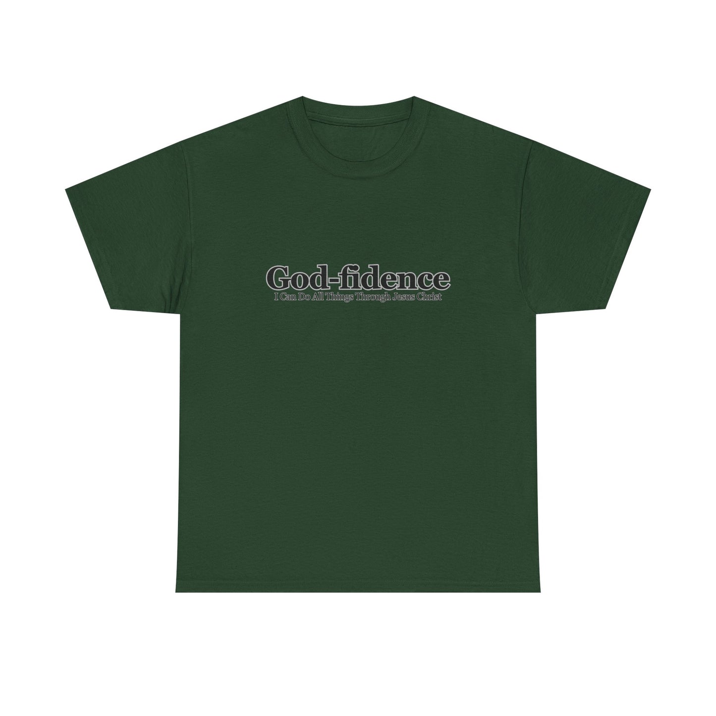 Green t-shirt with 'God-fidence' text on a white background