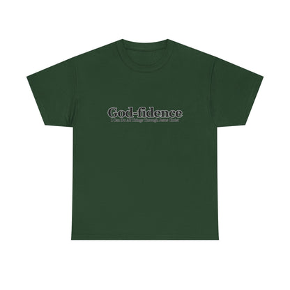 Green t-shirt with 'God-fidence' text on a white background