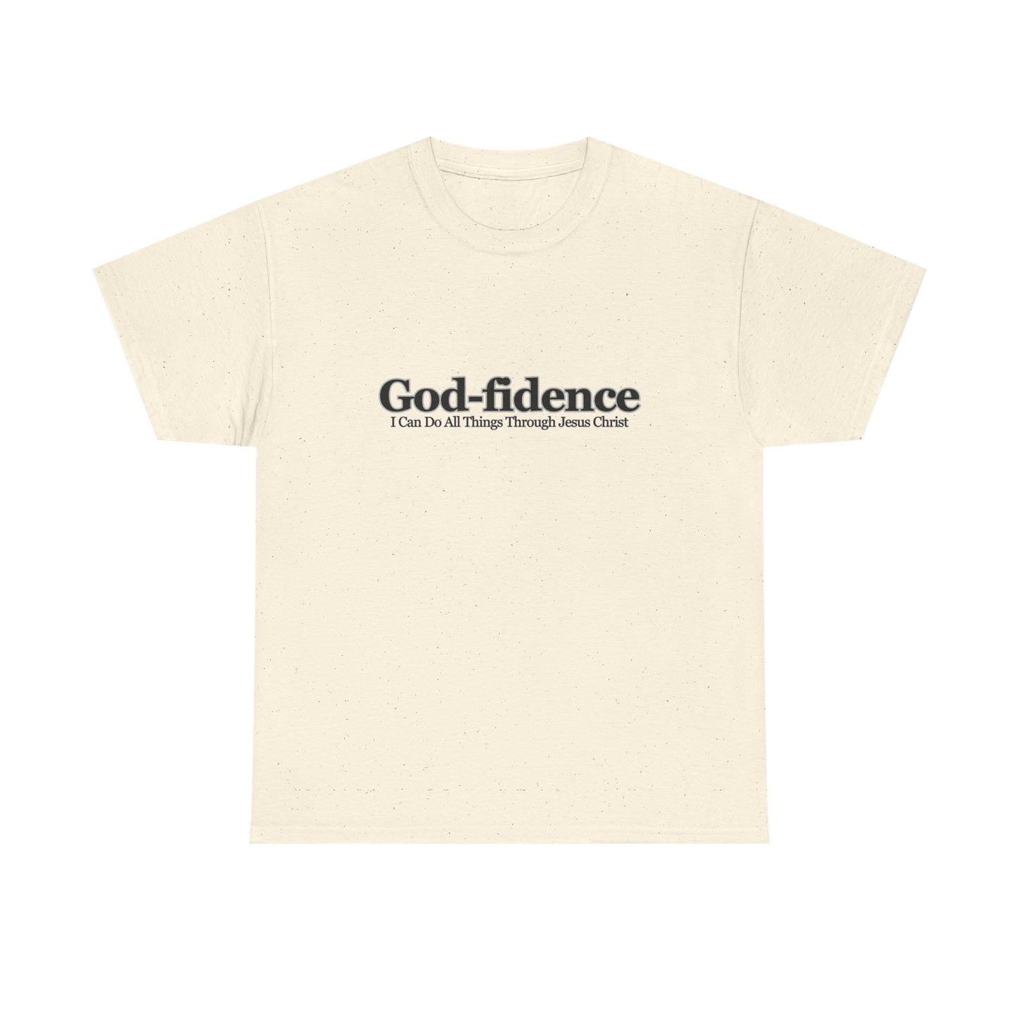 Beige crop top with 'God-fidence' text on a white background