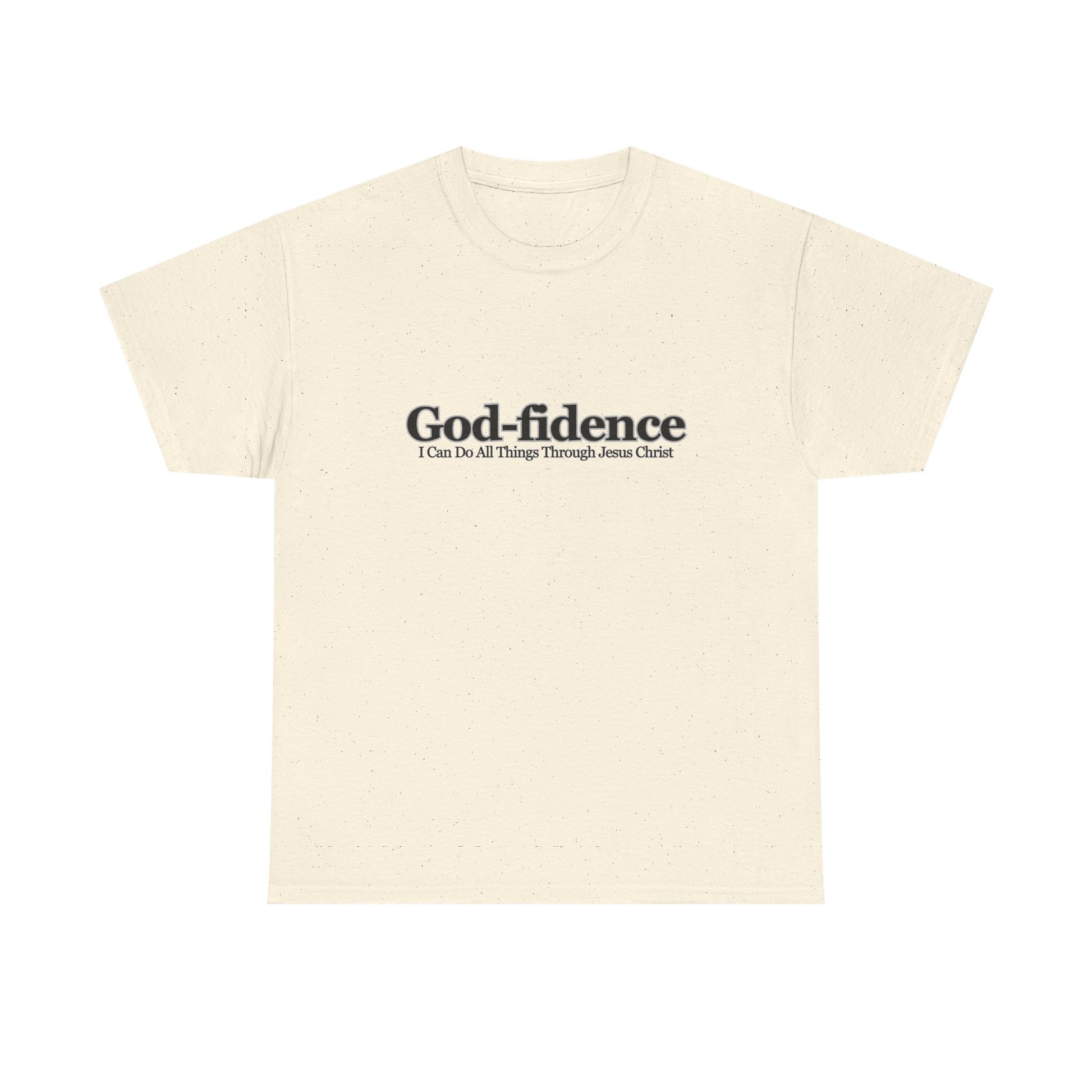 Beige crop top with 'God-fidence' text on a white background