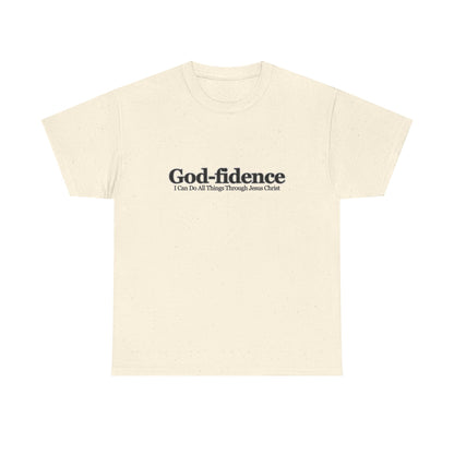 Beige crop top with 'God-fidence' text on a white background