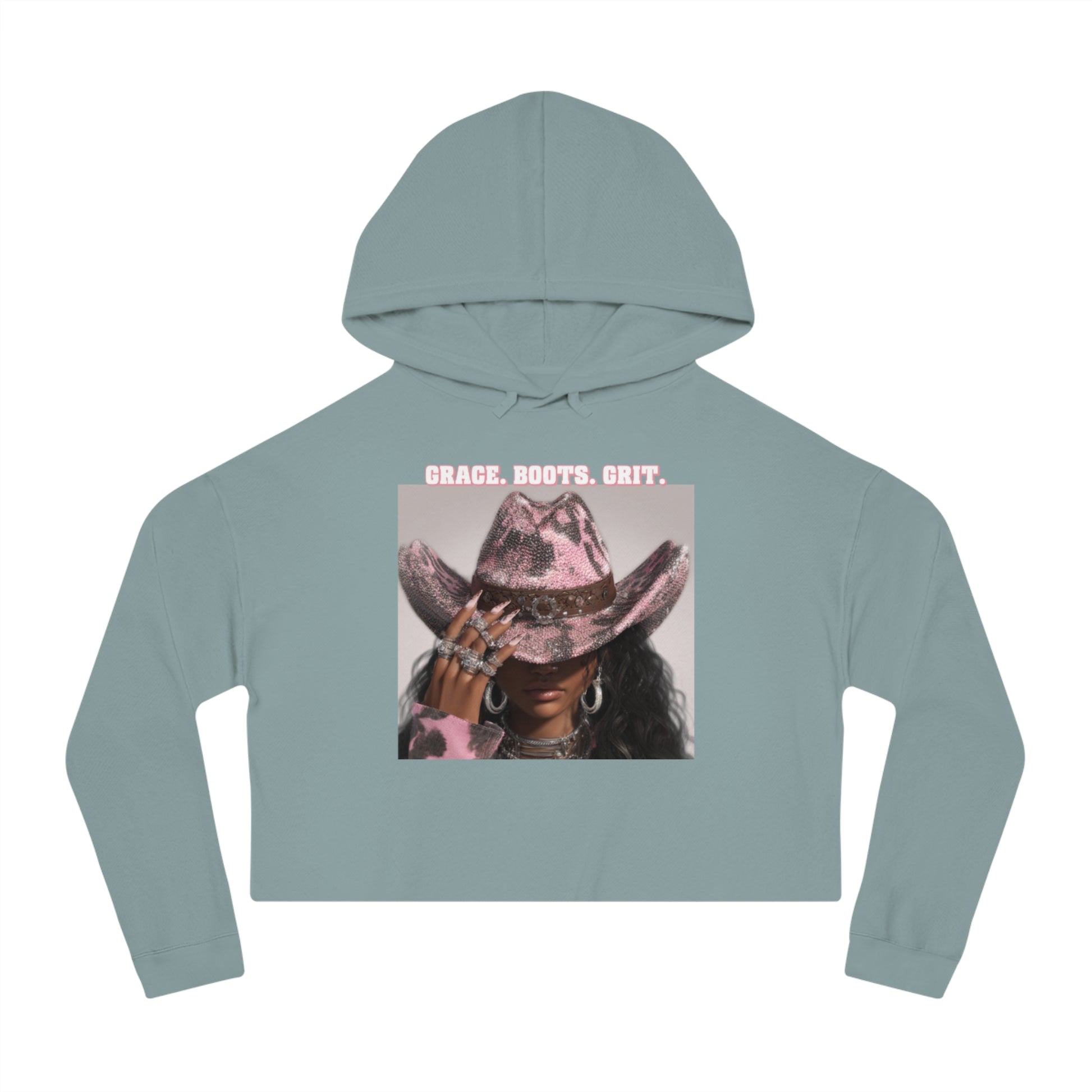 Light blue hoodie with a graphic of a horse wearing a cowboy hat and text on a white background