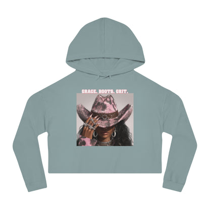 Light blue hoodie with a graphic of a horse wearing a cowboy hat and text on a white background