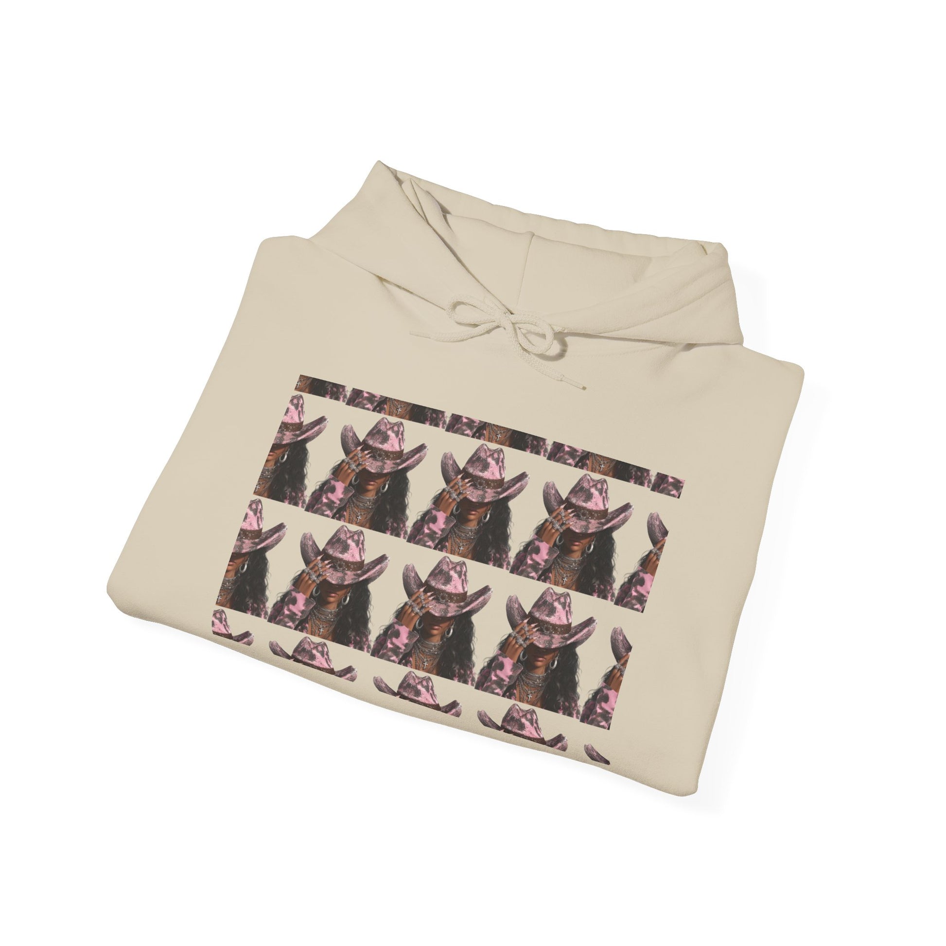 Beige hoodie with a graphic of a dog wearing a cowboy hat on a white background
