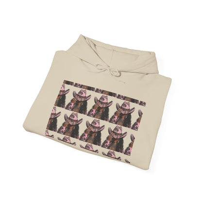 Beige hoodie with a graphic of a dog wearing a cowboy hat on a white background