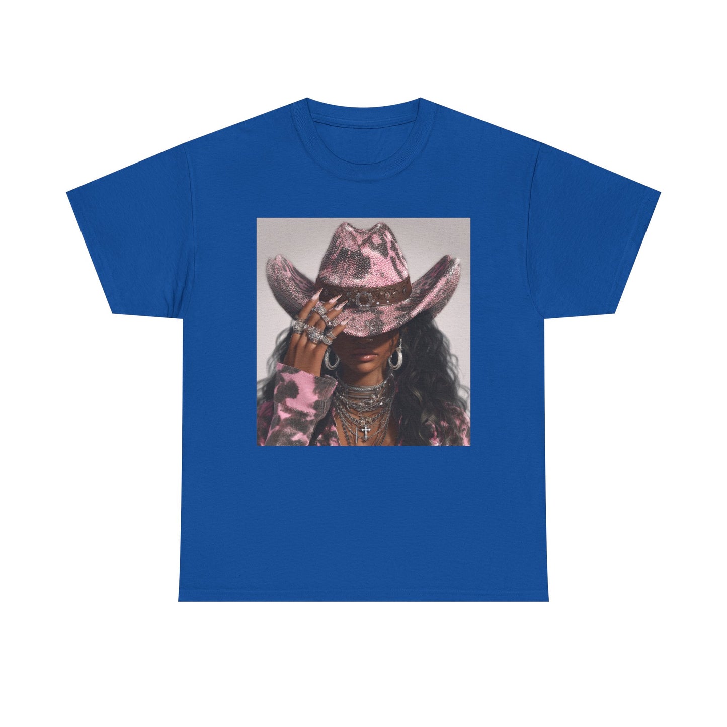 Blue t-shirt with a graphic of a person wearing a pink cowboy hat on a white background