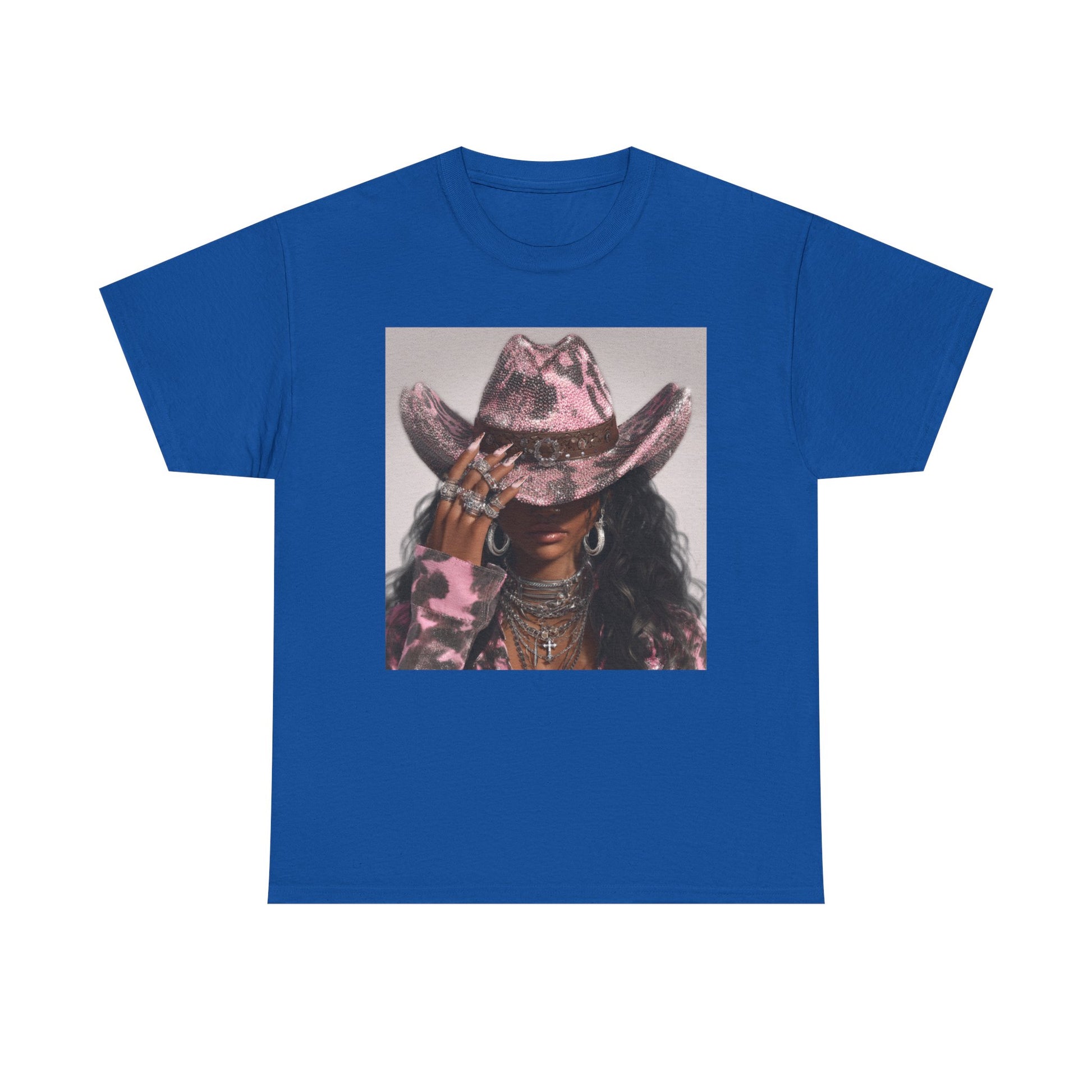 Blue t-shirt with a graphic of a person wearing a pink cowboy hat on a white background