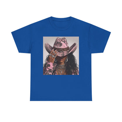 Blue t-shirt with a graphic of a person wearing a pink cowboy hat on a white background
