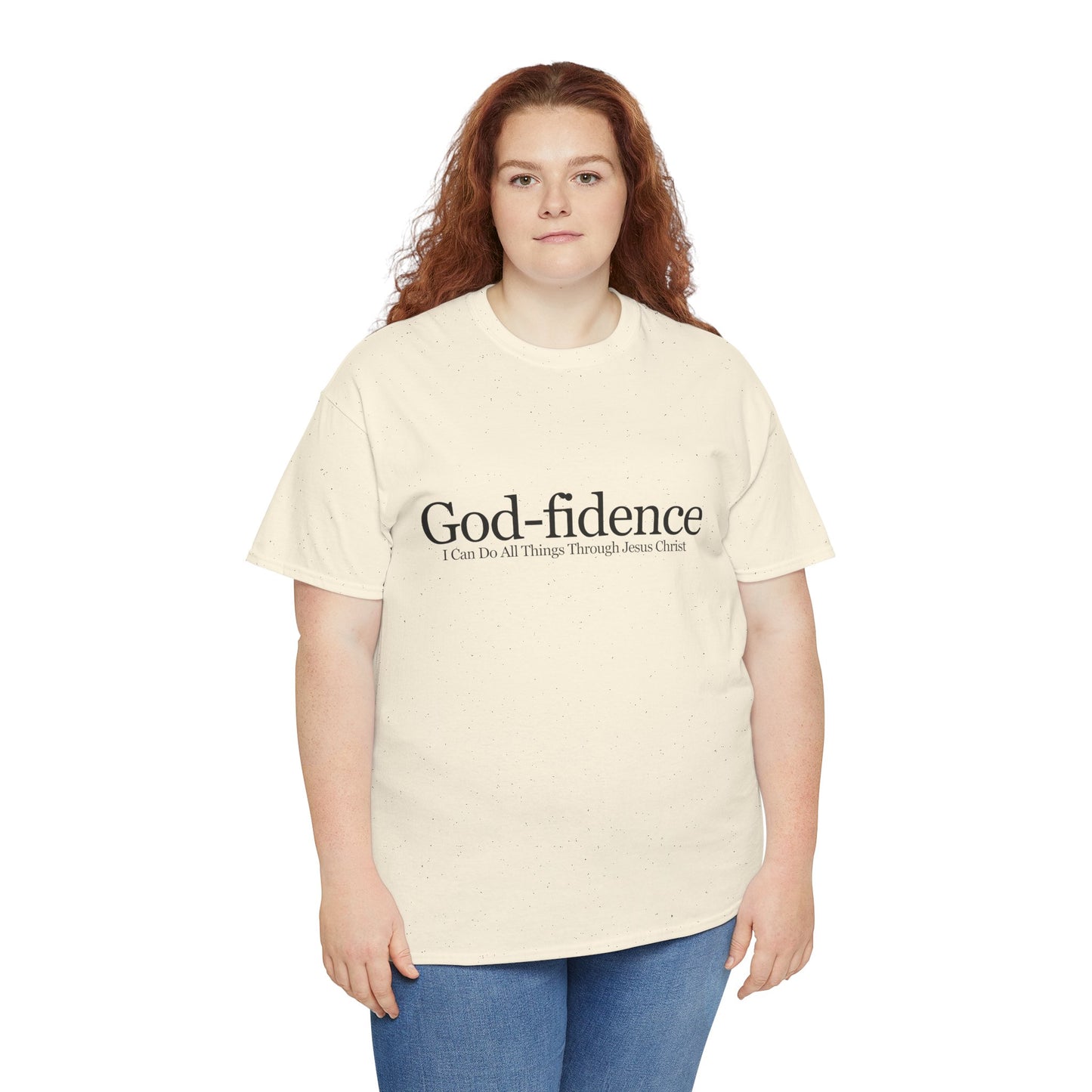 Person wearing a cream t-shirt with 'God-fidence' text design on a white background