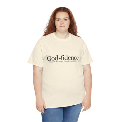 Person wearing a cream t-shirt with 'God-fidence' text design on a white background
