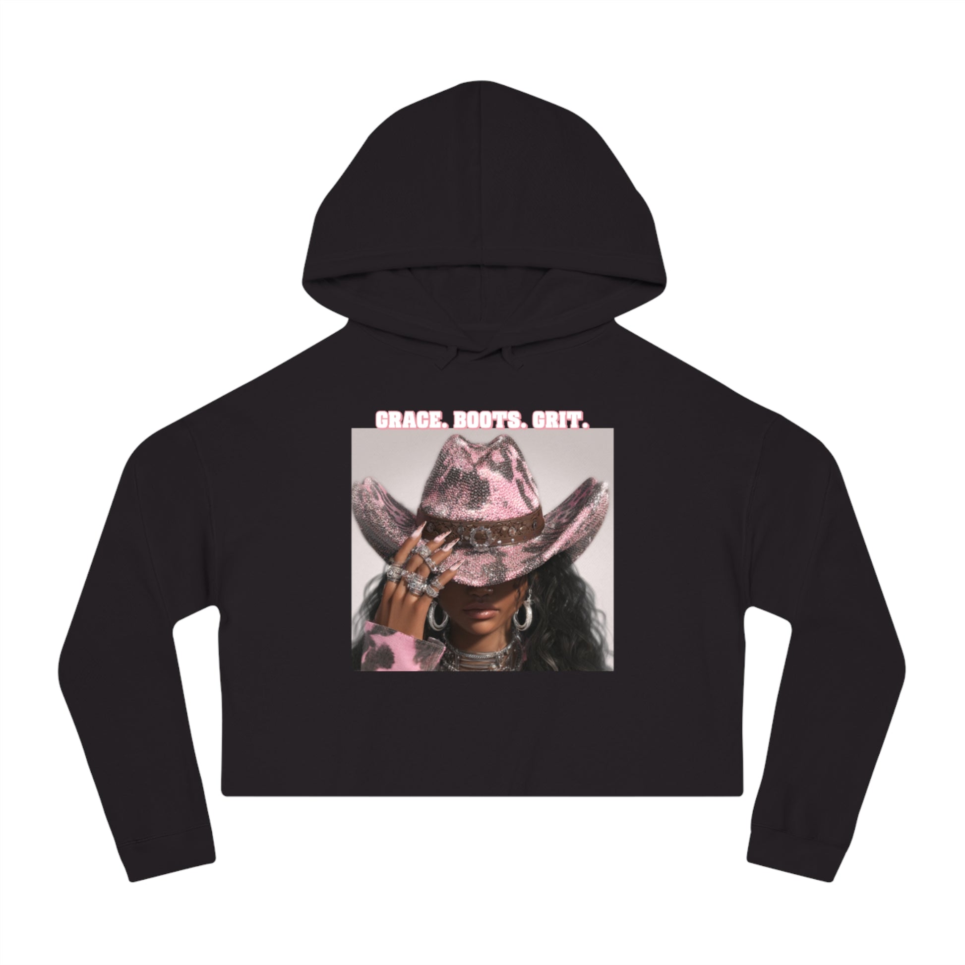 Black hoodie with a graphic of a horse wearing a cowboy hat and text on a white background