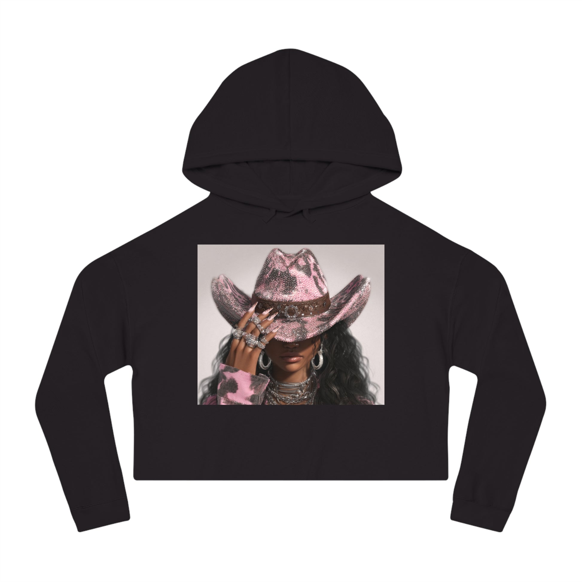 Black hoodie with a graphic of a person wearing a pink cowboy hat on a white background