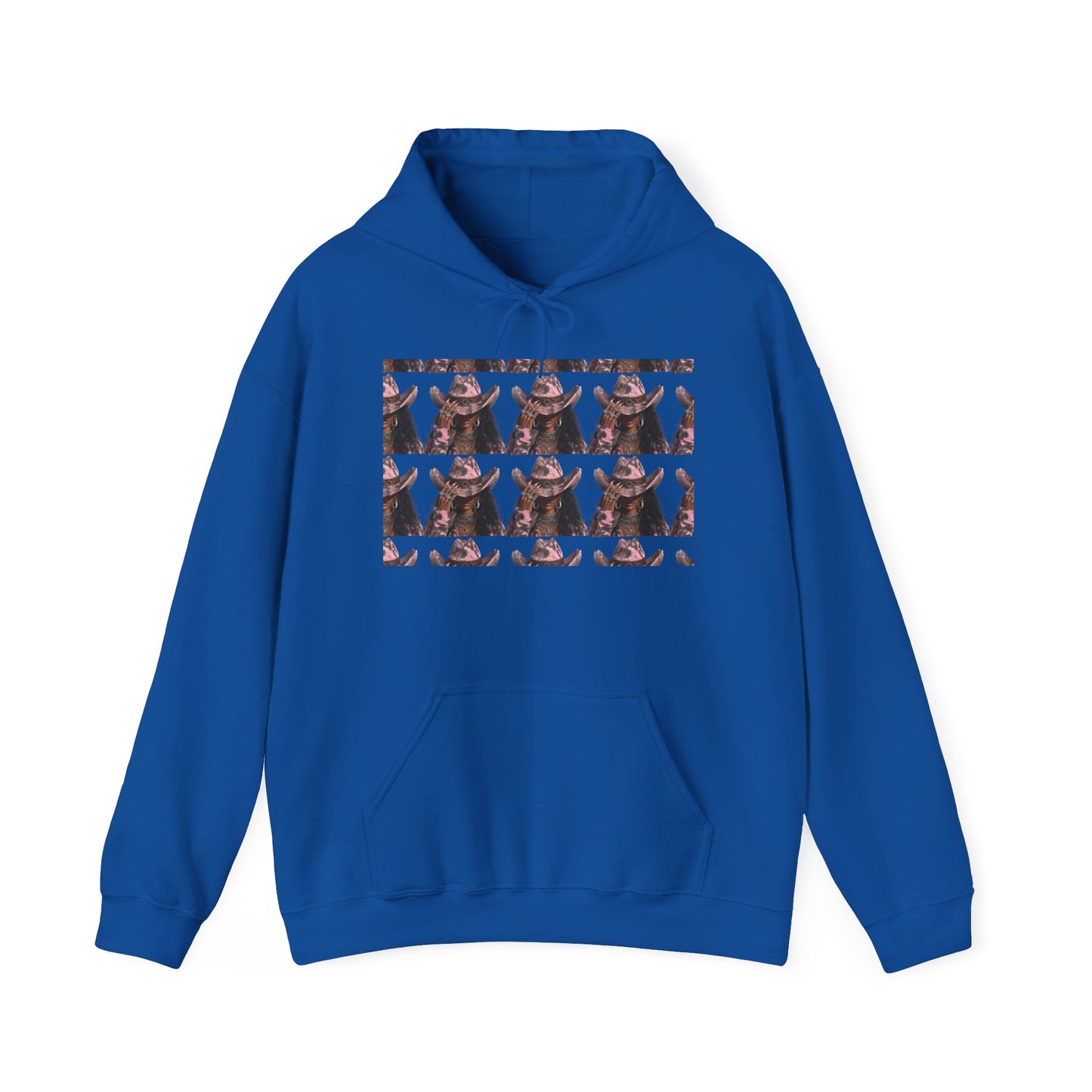 Blue hoodie with a graphic design on a white background