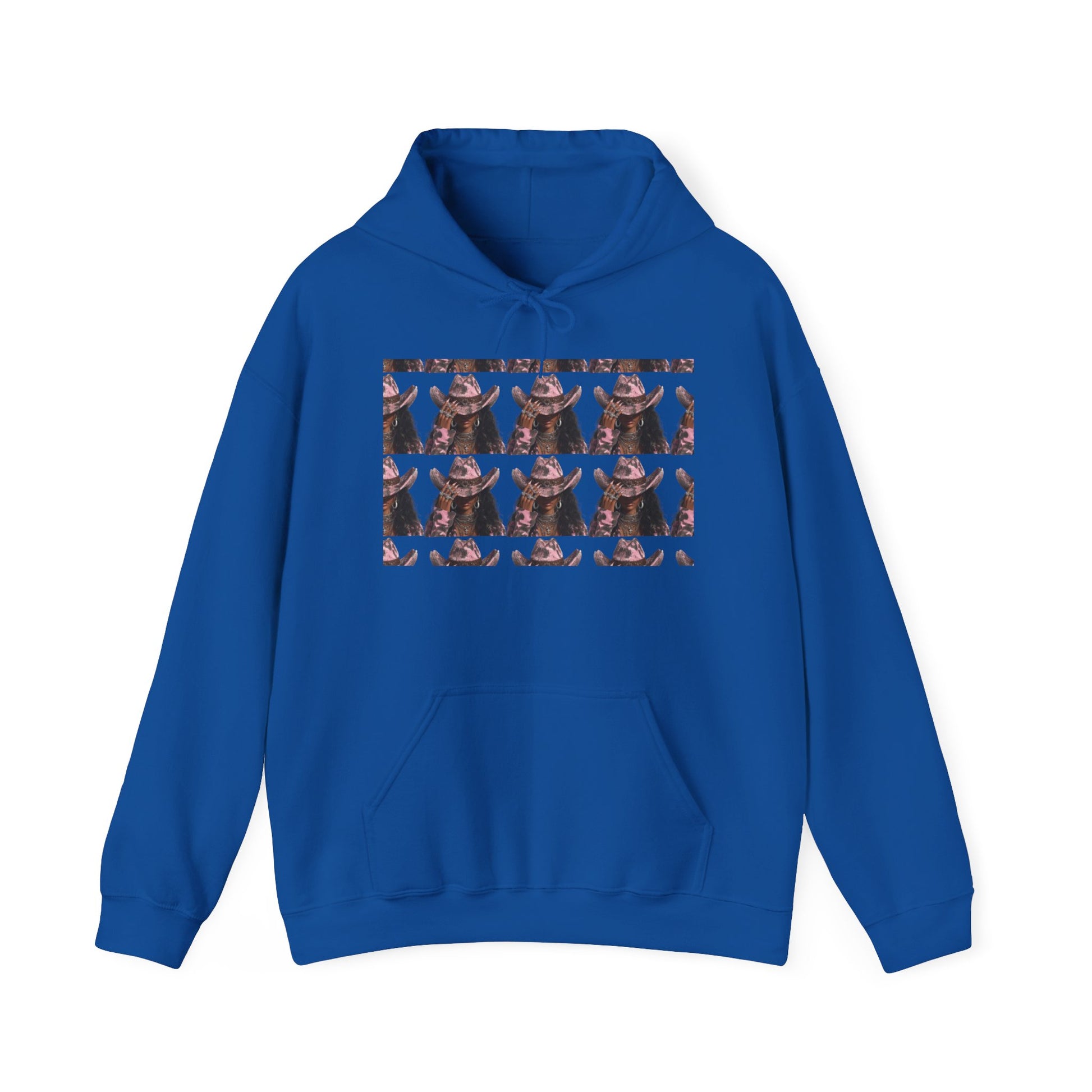 Blue hoodie with a graphic design on a white background
