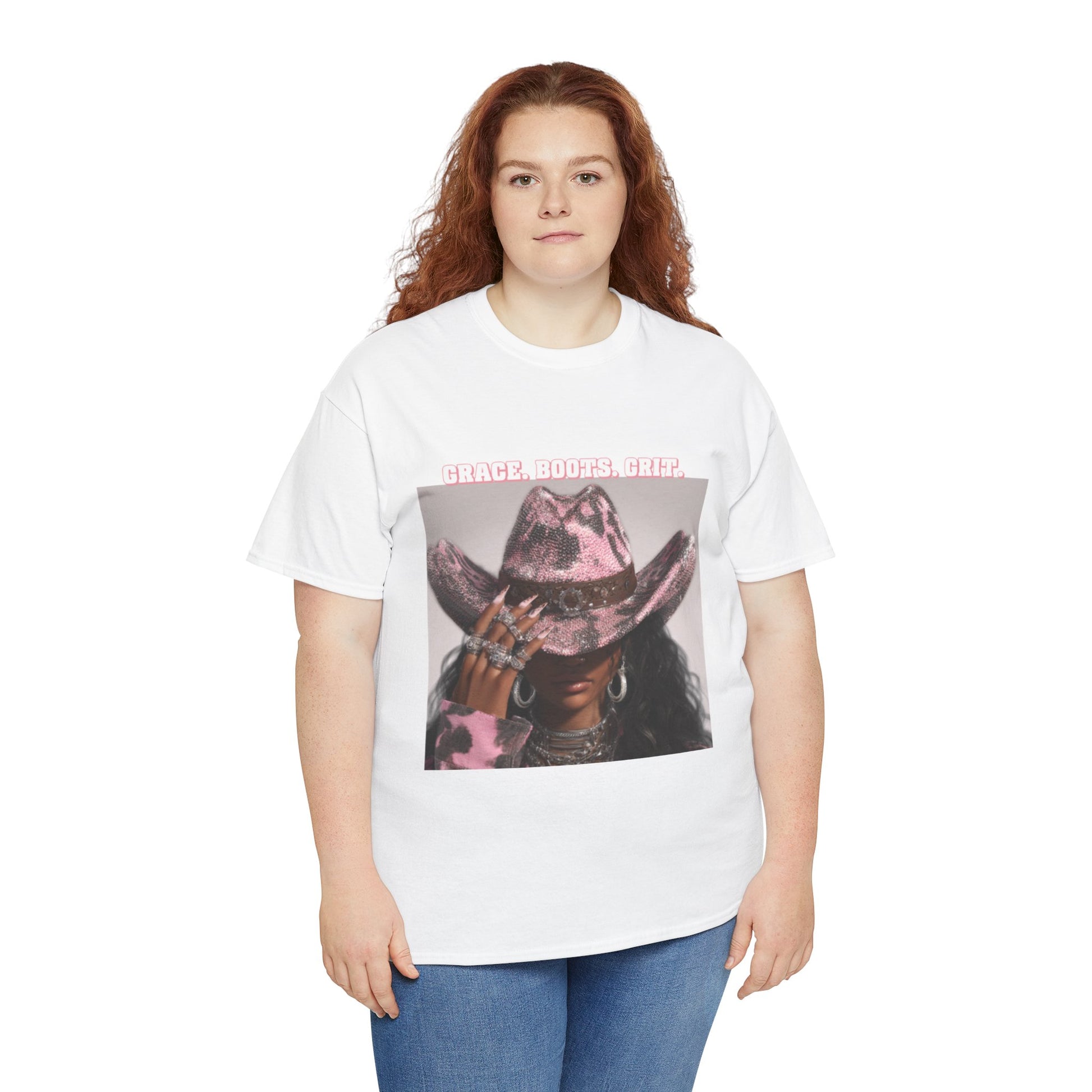 Model wearing Tranita Renee cowboy vintage graphic t-shirt styled with jeans