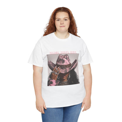 Model wearing Tranita Renee cowboy vintage graphic t-shirt styled with jeans