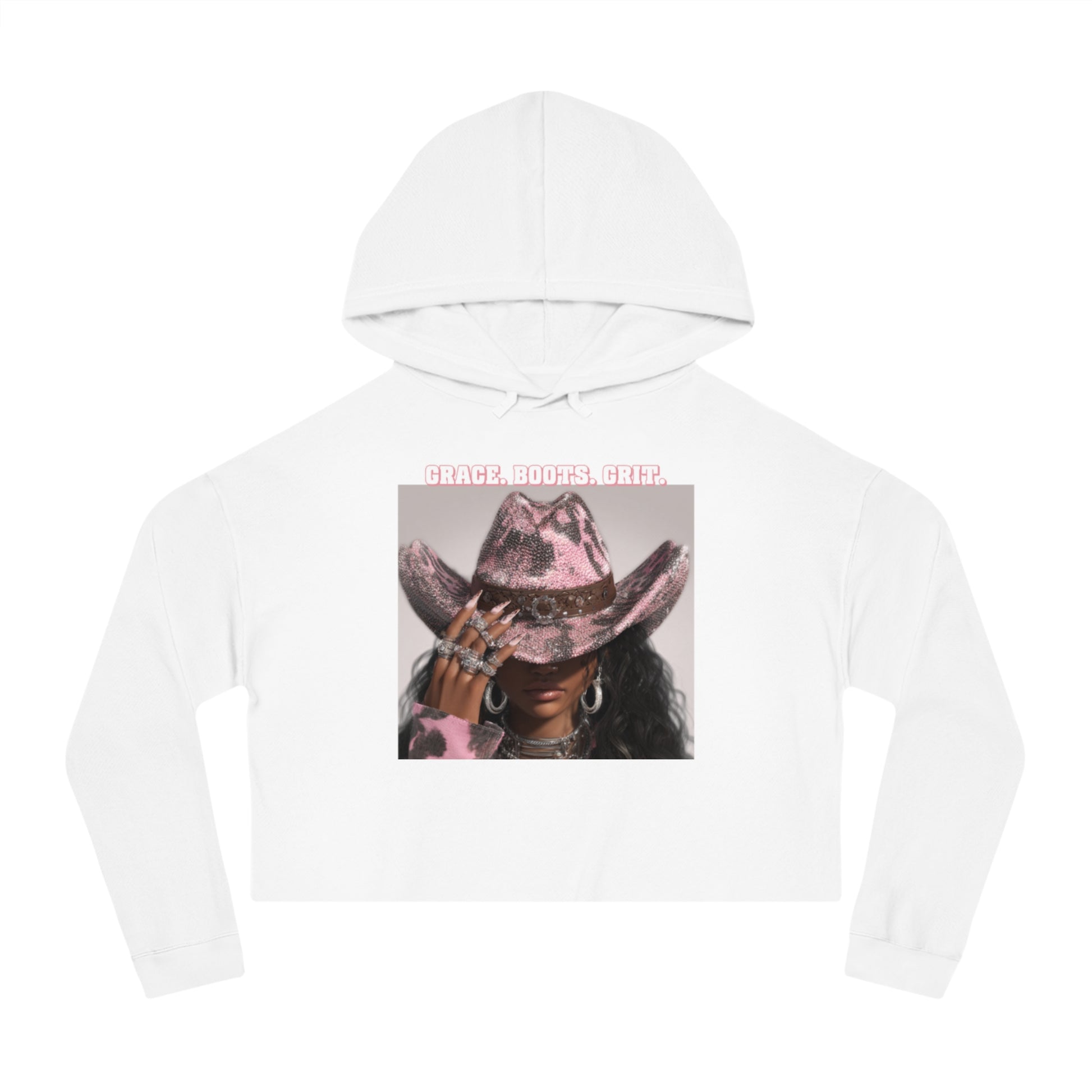 White hoodie with a graphic of a horse wearing a cowboy hat on a white background