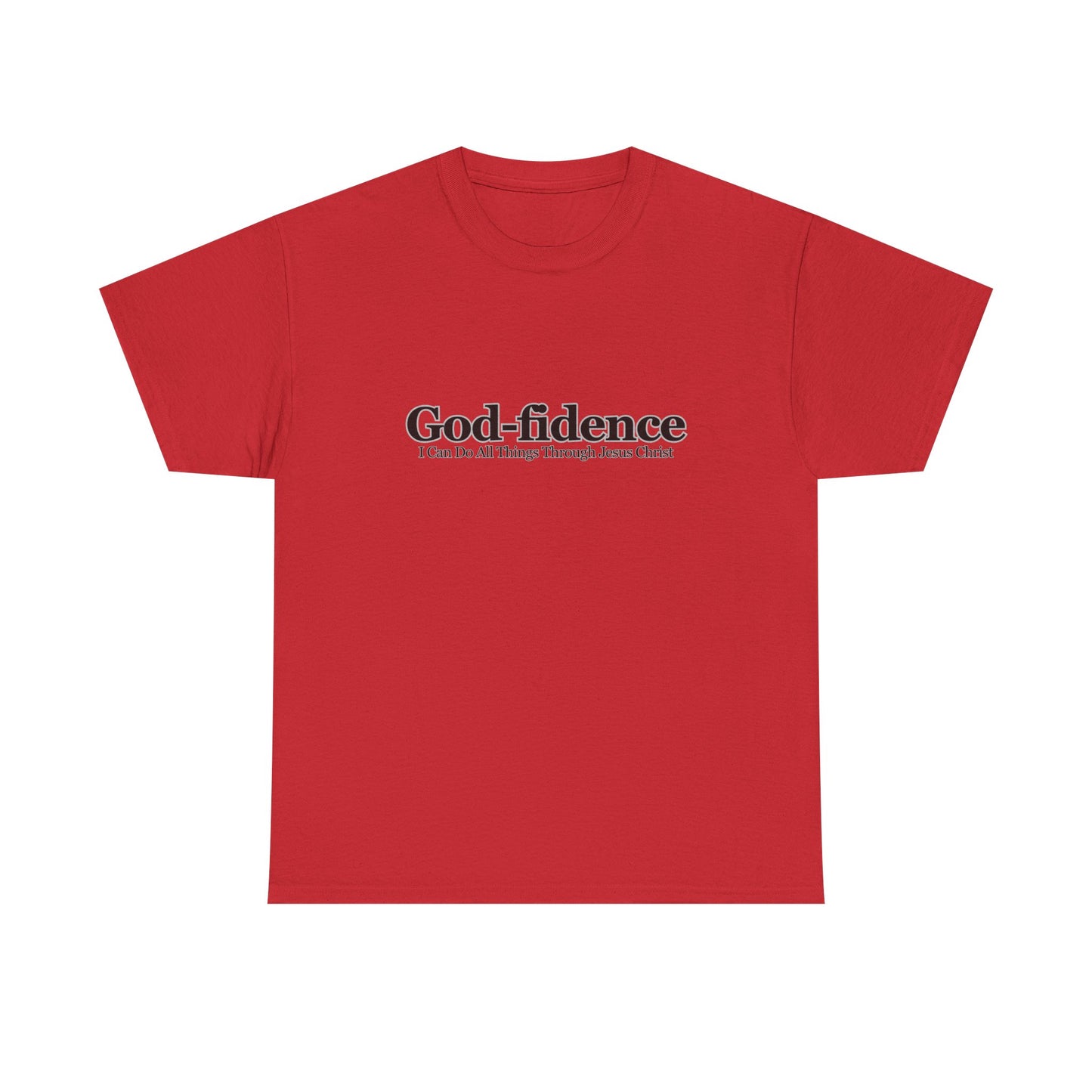Red t-shirt with 'God-fidence' text on a white background