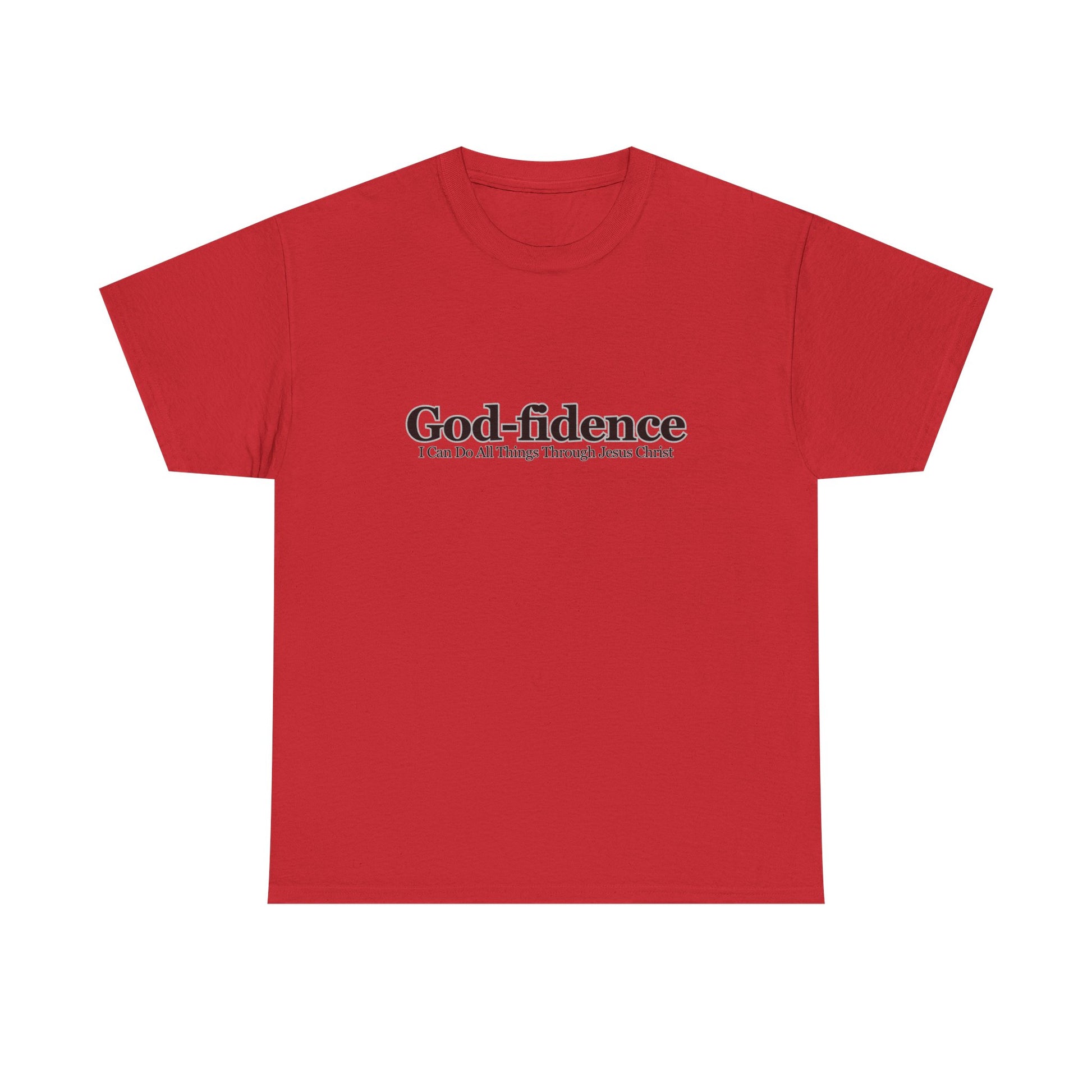 Red t-shirt with 'God-fidence' text on a white background
