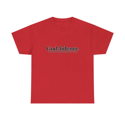 Red t-shirt with 'God-fidence' text on a white background