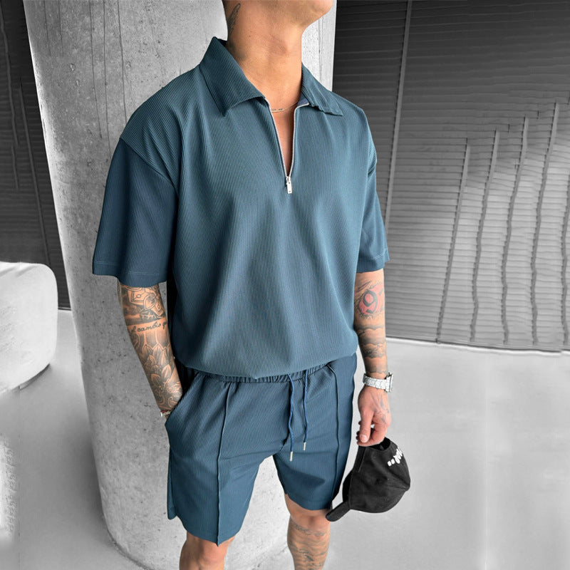 Casual Short Sleeve Zipper Polo Drawstring Men's Set