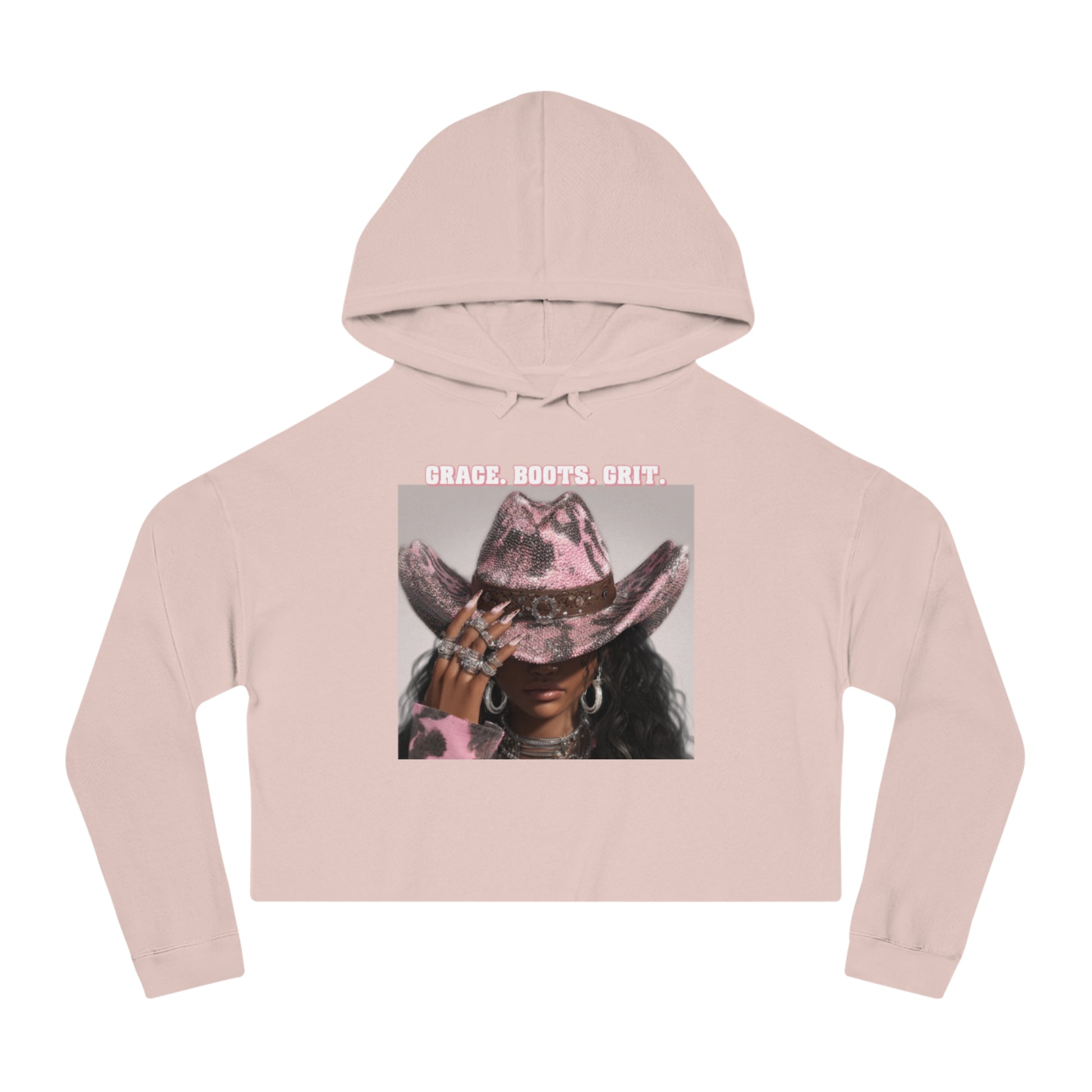 Pink cropped hoodie with a graphic of a horse wearing a cowboy hat and text on a white background