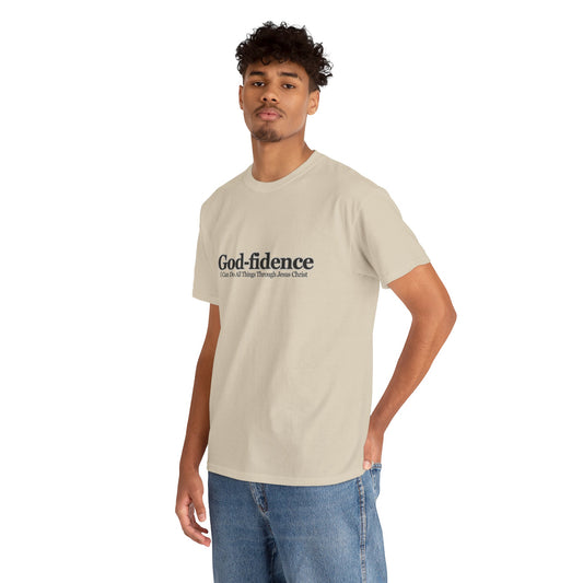 Person wearing a beige t-shirt with 'God-fidence' text on a white background