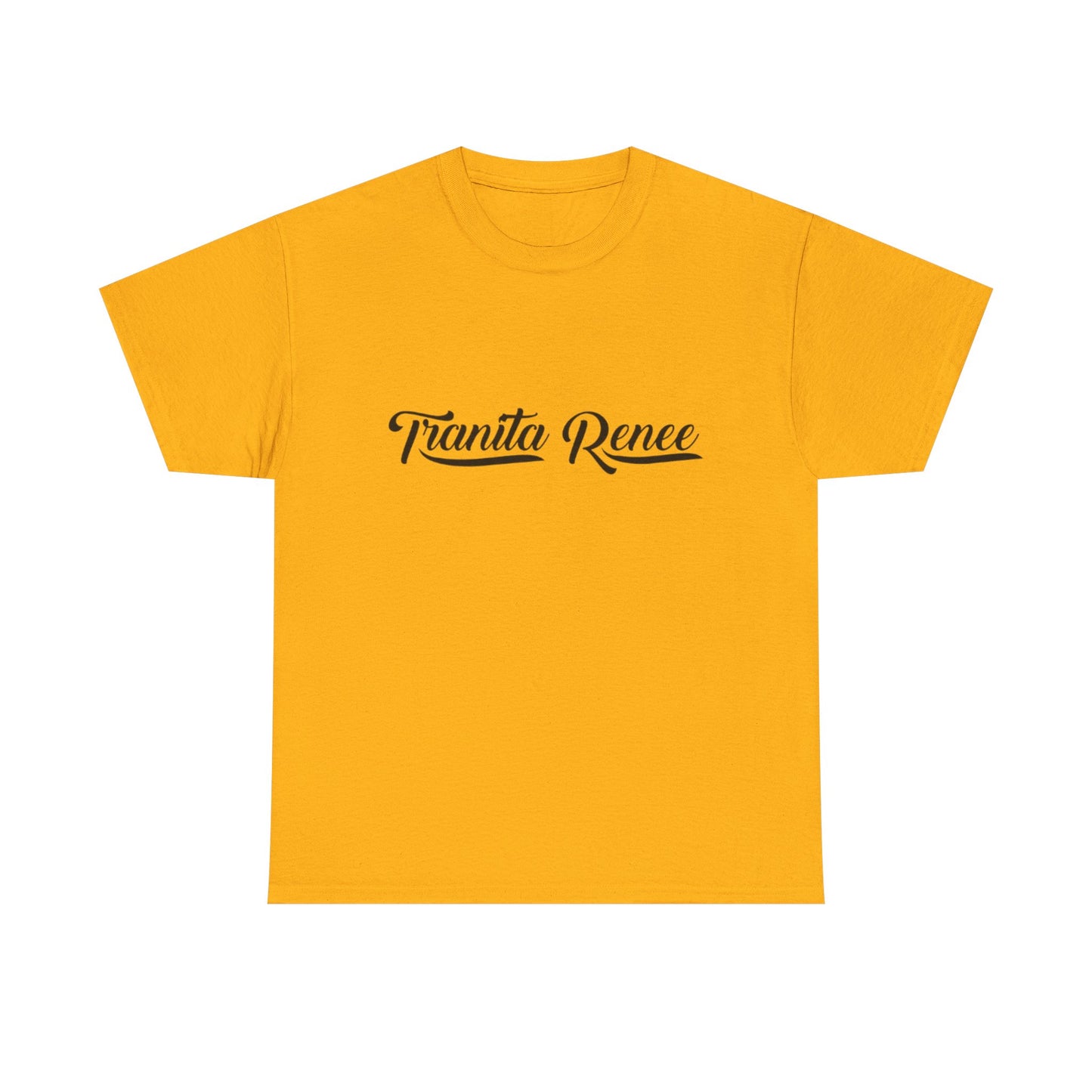 Yellow t-shirt with 'Tranita Renee' text on a white background
