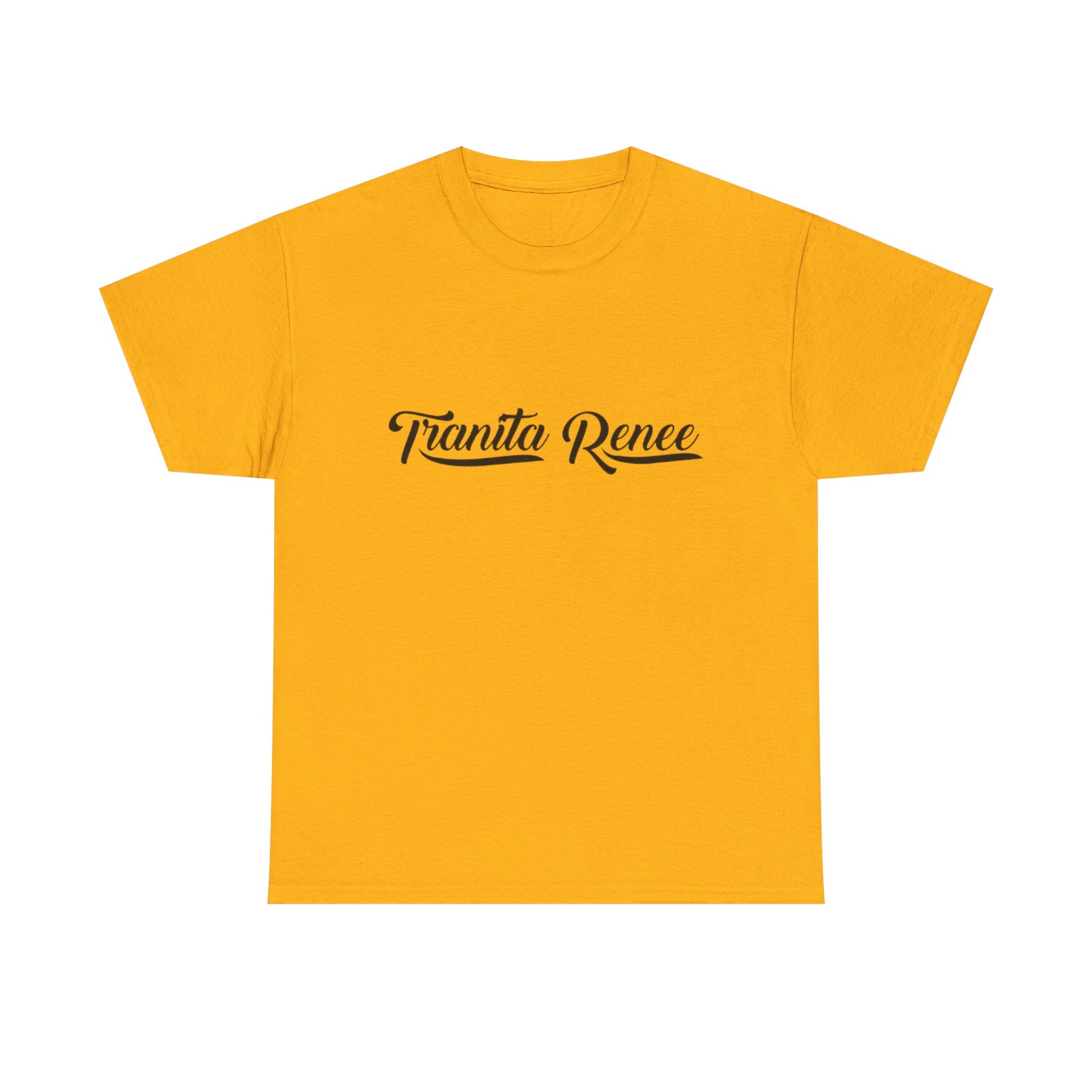 Yellow t-shirt with 'Tranita Renee' text on a white background