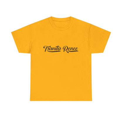 Yellow t-shirt with 'Tranita Renee' text on a white background