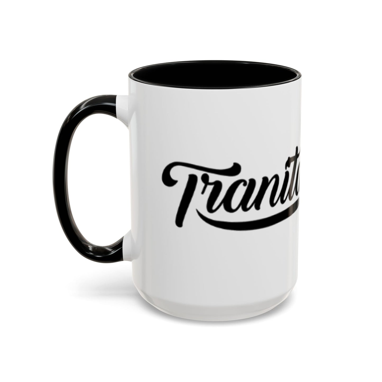 White mug with black interior and handle, featuring the word 'Transit' in black lettering on a white background.