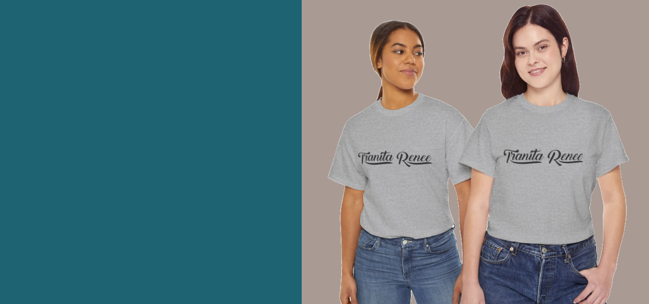 Two women wearing gray t-shirts with 'Family Reunion' text on a plain background