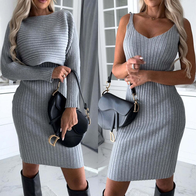 Long-sleeved Solid Stripe Top And Suspender Skirt Set