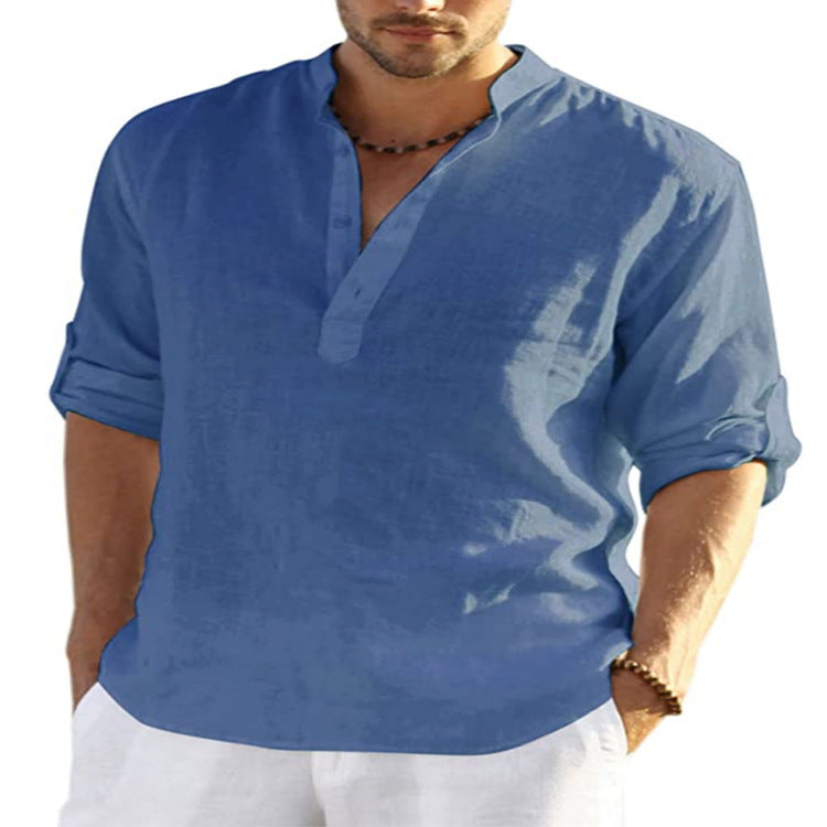 Casual Cotton Linen Loose Stand Collar Shirt